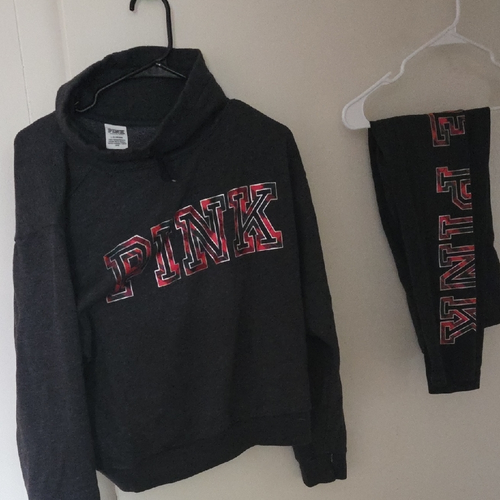 Victoria's Secret PINK Black Sweatshirt & Joggers with Red Logo